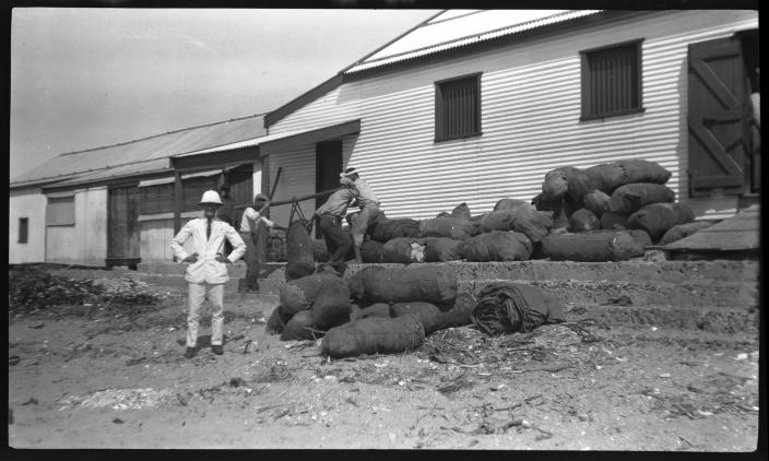 Image of a person standing outside a shed. 